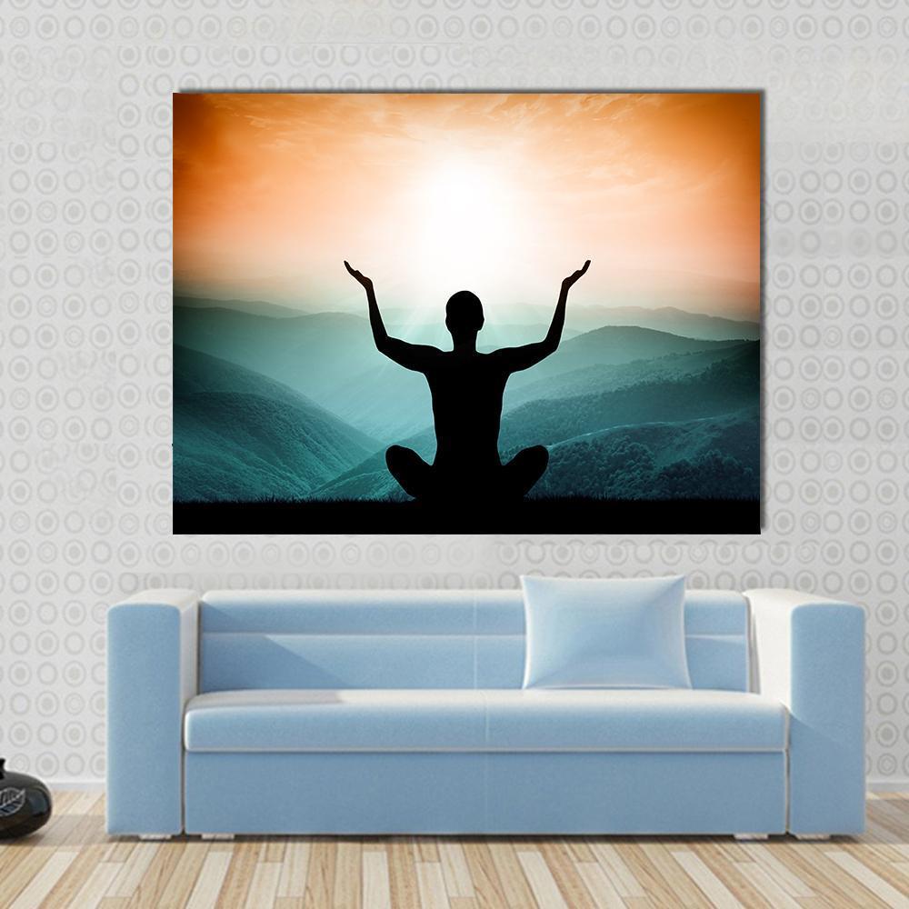 Yoga And Meditation Silhouette Of Man On The Mountain Canvas Wall Art-1 Piece-Gallery Wrap-48" x 32"-Tiaracle