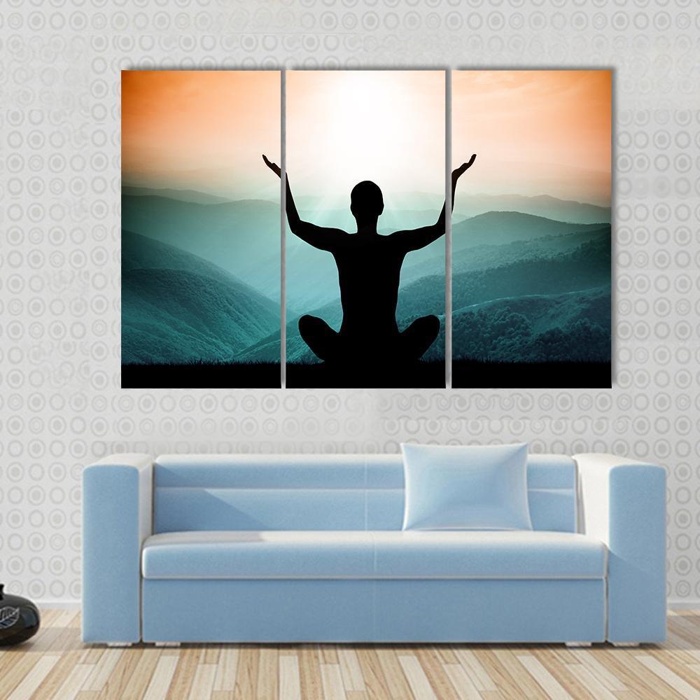 Yoga And Meditation Silhouette Of Man On The Mountain Canvas Wall Art-3 Horizontal-Gallery Wrap-37" x 24"-Tiaracle