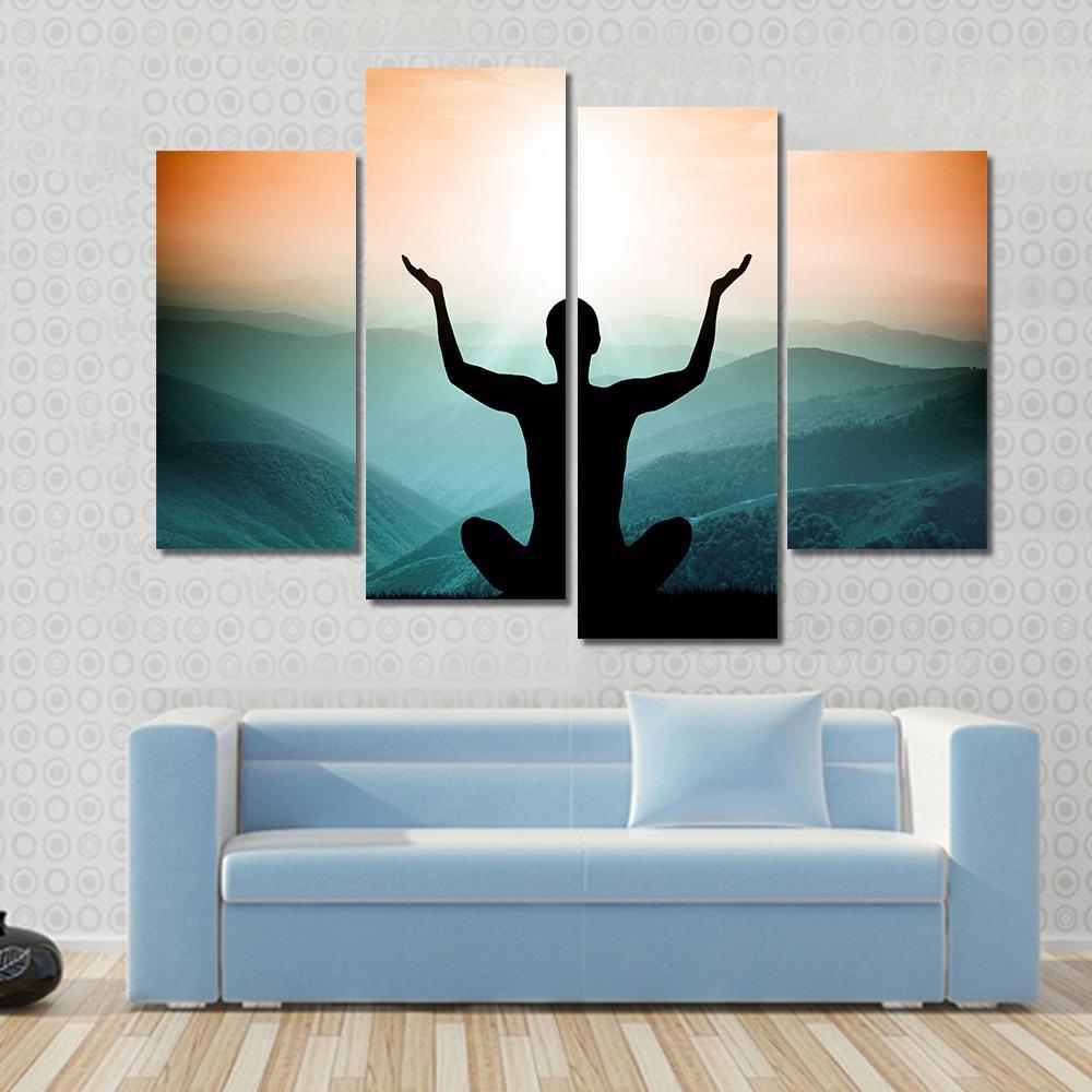 Yoga And Meditation Silhouette Of Man On The Mountain Canvas Wall Art-4 Pop-Gallery Wrap-50" x 32"-Tiaracle