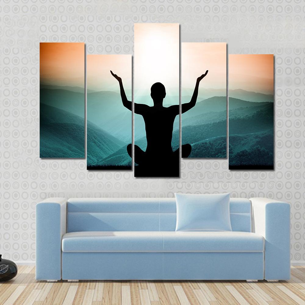 Yoga And Meditation Silhouette Of Man On The Mountain Canvas Wall Art-5 Pop-Gallery Wrap-47" x 32"-Tiaracle