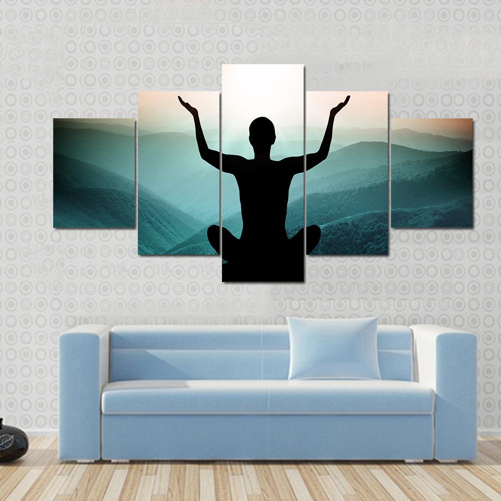 Yoga And Meditation Silhouette Of Man On The Mountain Canvas Wall Art-5 Star-Gallery Wrap-62" x 32"-Tiaracle