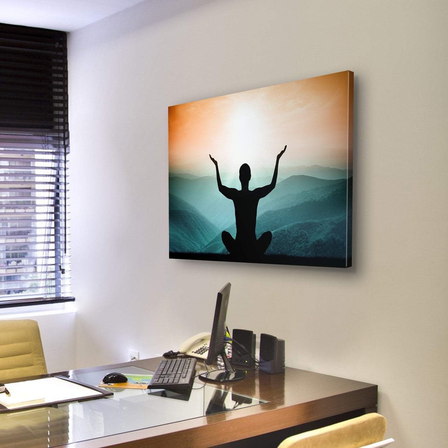 Yoga And Meditation Silhouette Of Man On The Mountain Canvas Wall Art-3 Horizontal-Gallery Wrap-25" x 16"-Tiaracle