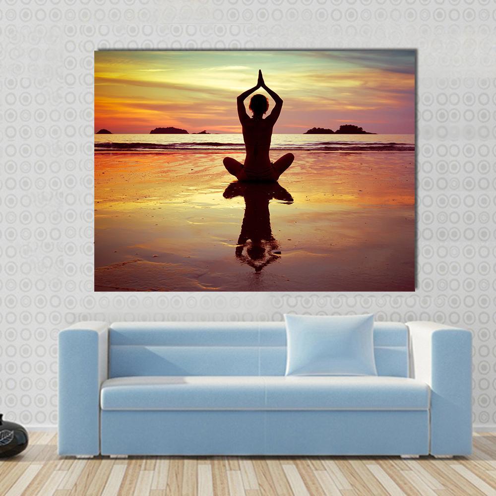 Yoga On The Beach Canvas Wall Art-1 Piece-Gallery Wrap-48" x 32"-Tiaracle