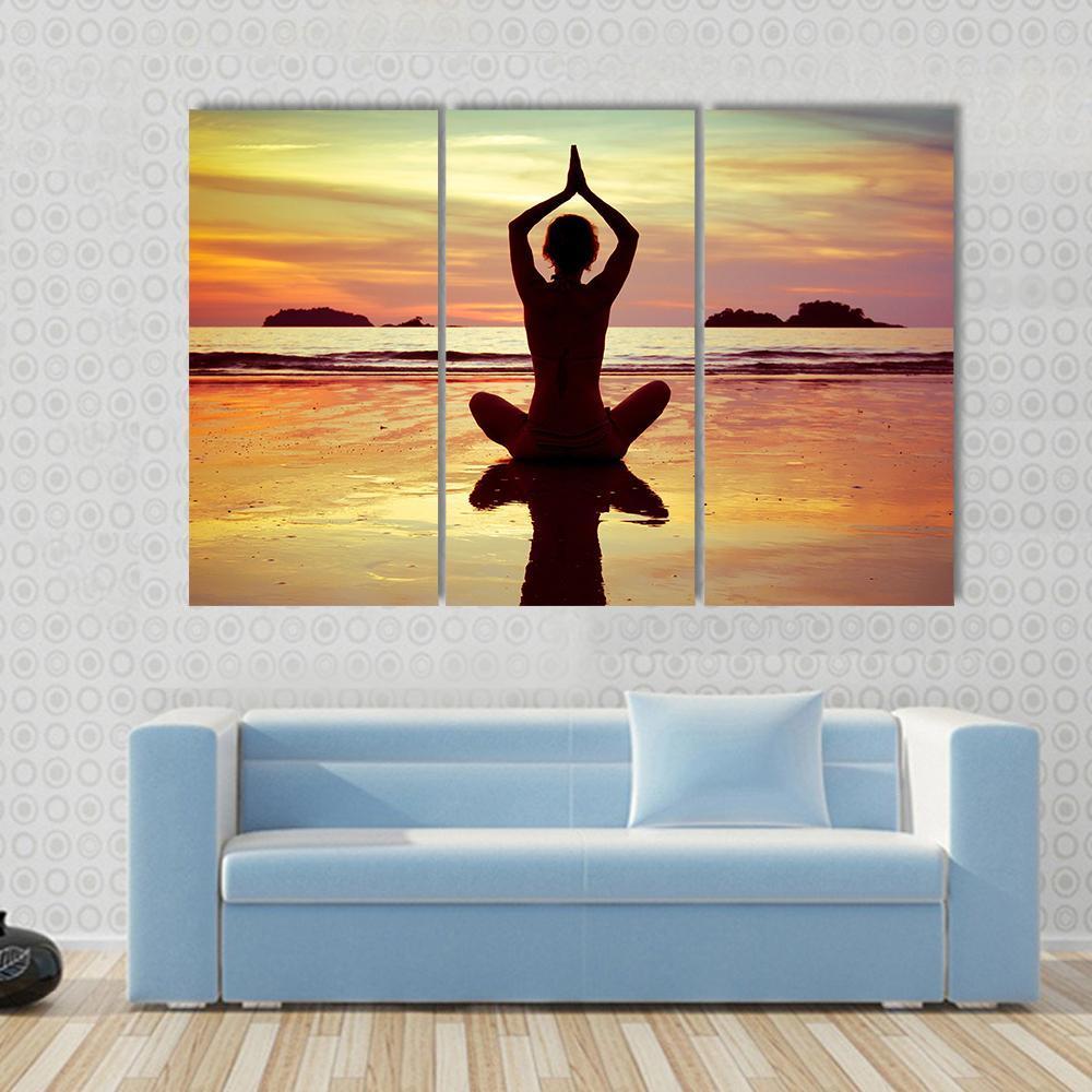 Yoga On The Beach Canvas Wall Art-3 Horizontal-Gallery Wrap-37" x 24"-Tiaracle