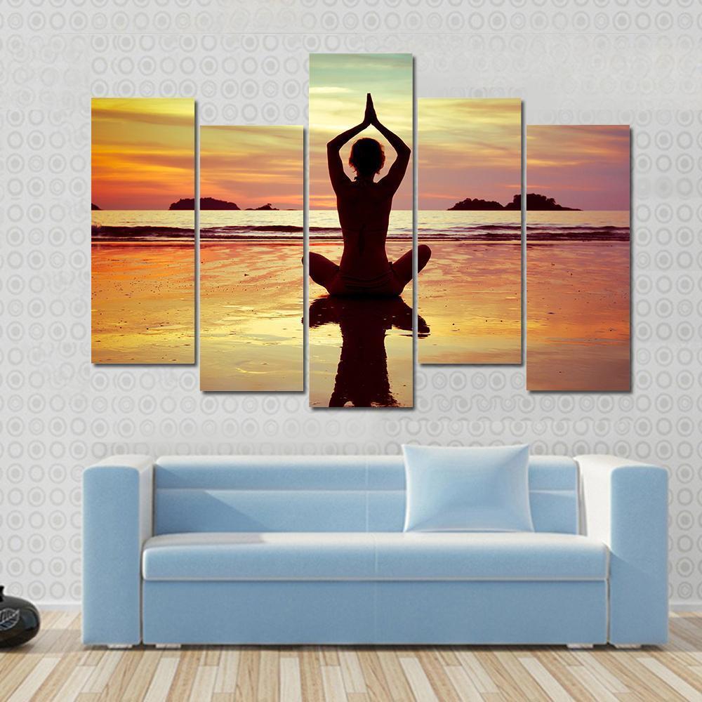 Yoga On The Beach Canvas Wall Art-5 Pop-Gallery Wrap-47" x 32"-Tiaracle