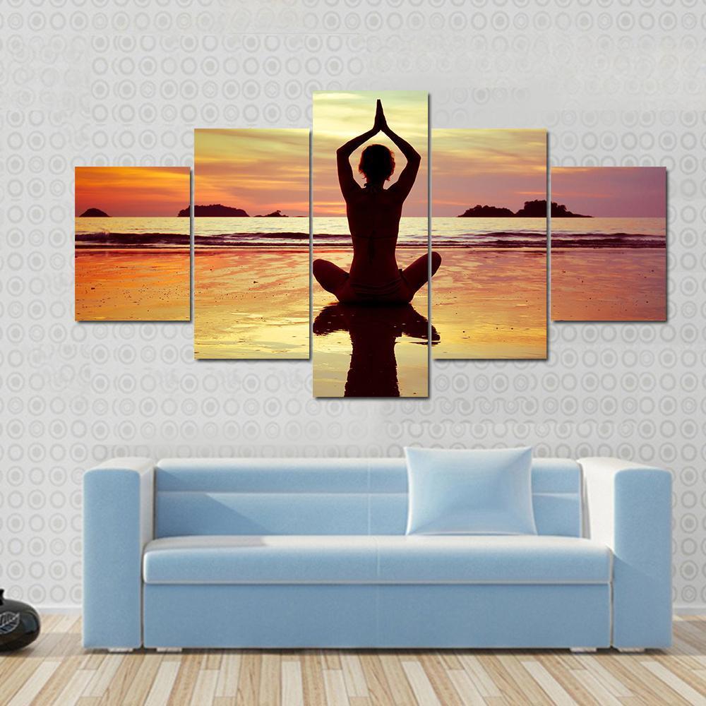 Yoga On The Beach Canvas Wall Art-5 Star-Gallery Wrap-62" x 32"-Tiaracle