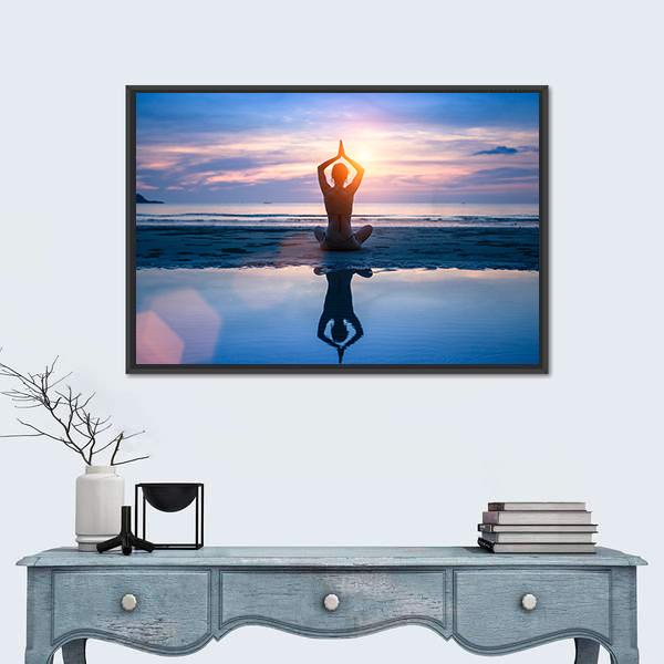 Yoga On The Sea Beach Meditation Canvas Wall Art-1 Piece-Floating Frame-24" x 16"-Tiaracle