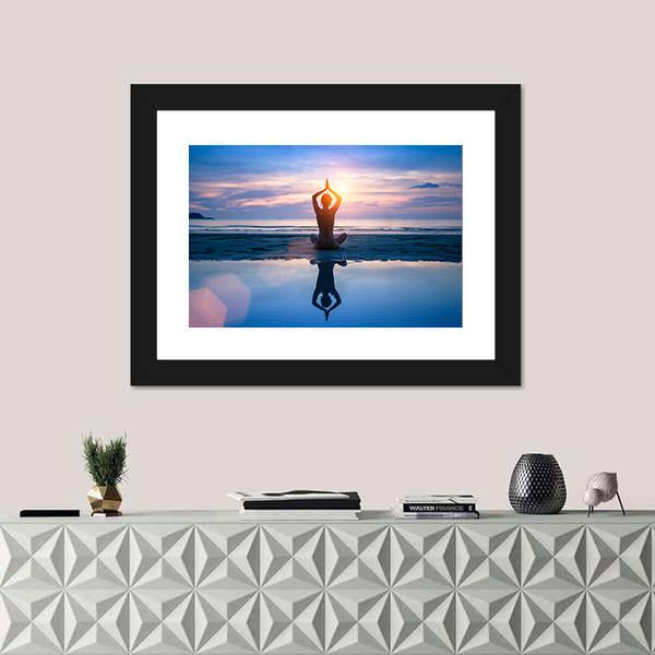 Yoga On The Sea Beach Meditation Canvas Wall Art-1 Piece-Framed Print-20" x 16"-Tiaracle