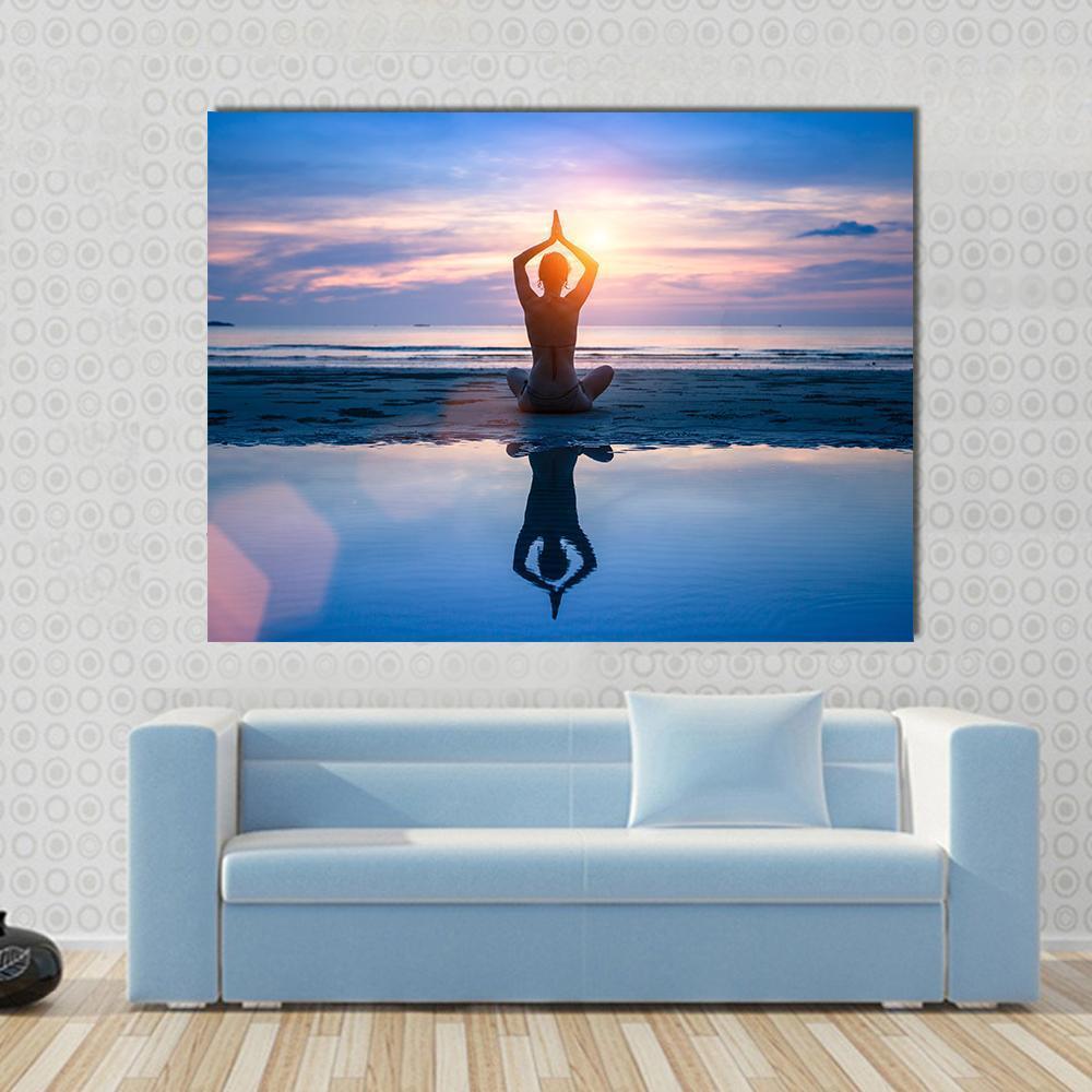 Yoga On The Sea Beach Meditation Canvas Wall Art-1 Piece-Gallery Wrap-48" x 32"-Tiaracle