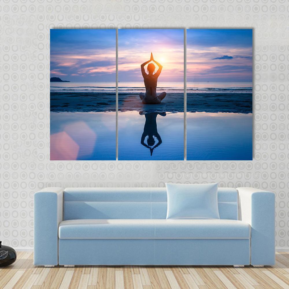 Yoga On The Sea Beach Meditation Canvas Wall Art-3 Horizontal-Gallery Wrap-37" x 24"-Tiaracle