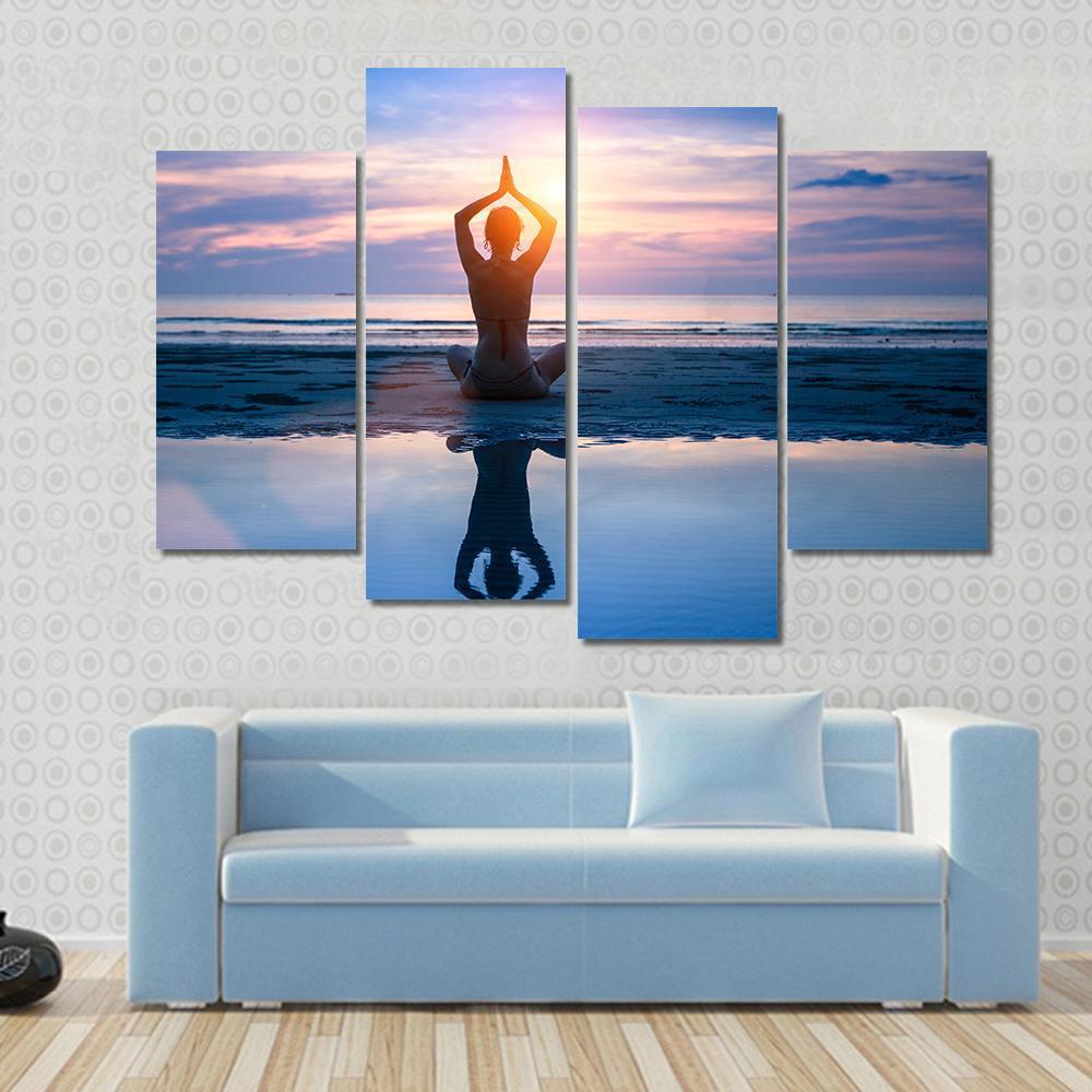 Yoga On The Sea Beach Meditation Canvas Wall Art-4 Pop-Gallery Wrap-50" x 32"-Tiaracle