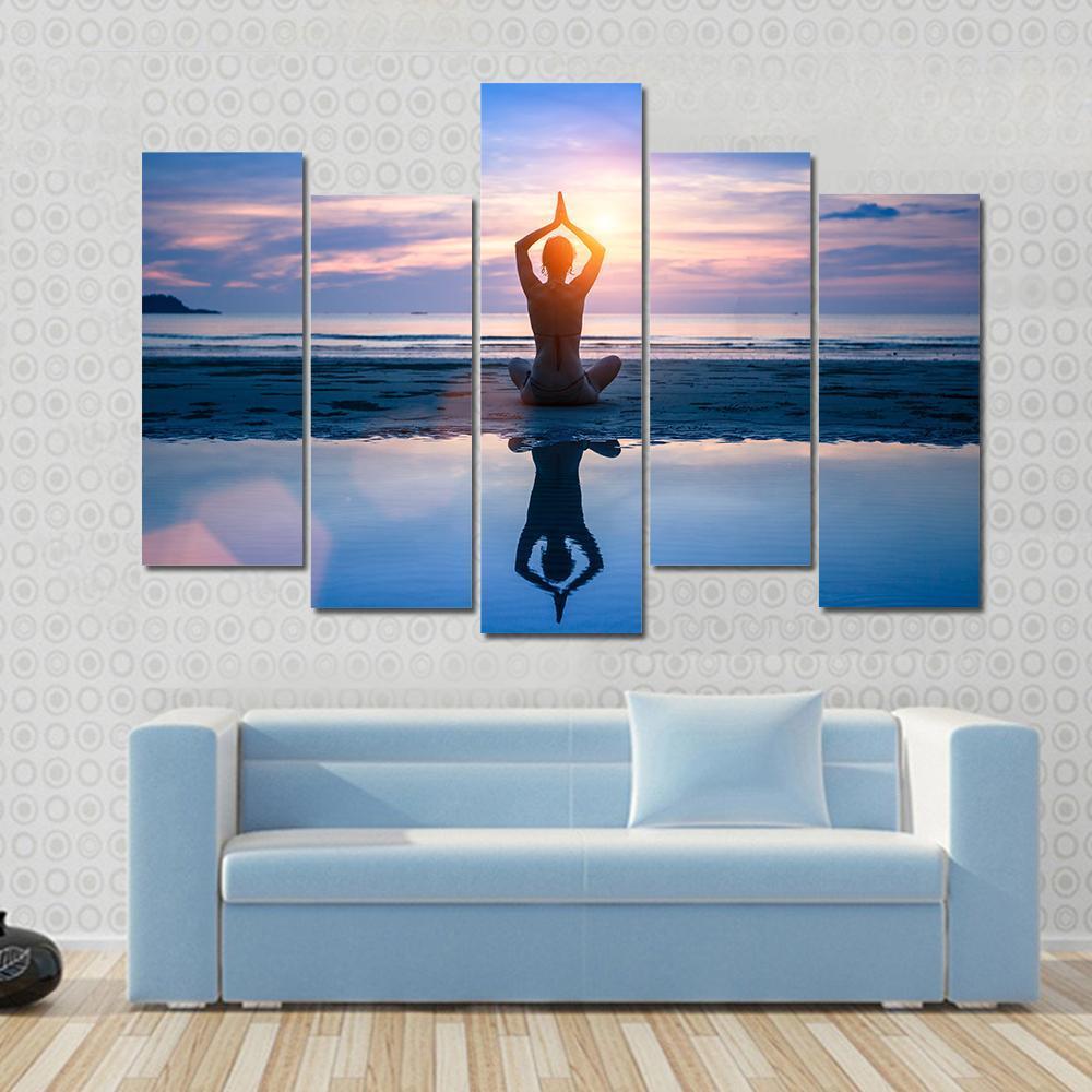 Yoga On The Sea Beach Meditation Canvas Wall Art-5 Pop-Gallery Wrap-47" x 32"-Tiaracle