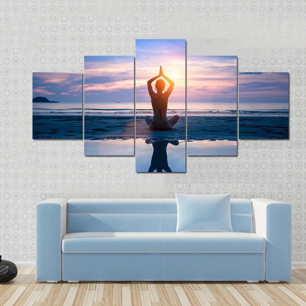 Yoga On The Sea Beach Meditation Canvas Wall Art-5 Star-Gallery Wrap-62" x 32"-Tiaracle