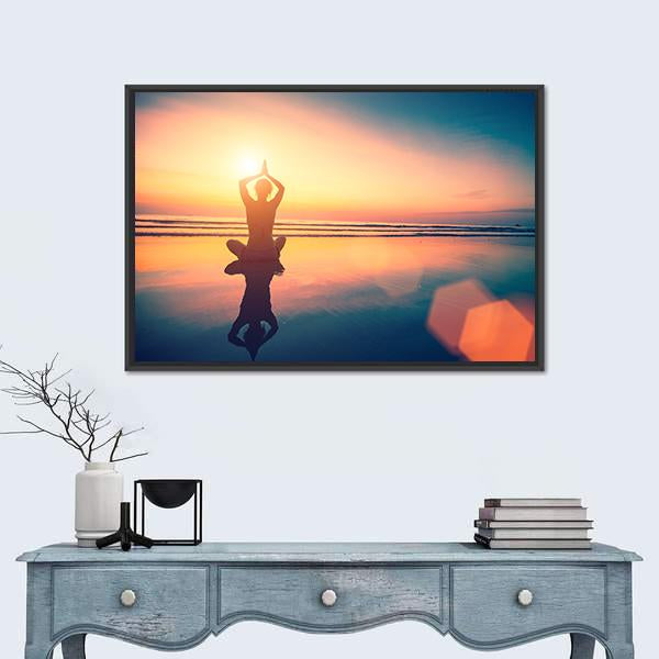 Yoga Woman Sitting In Lotus Pose On The Beach Canvas Wall Art-1 Piece-Floating Frame-24" x 16"-Tiaracle