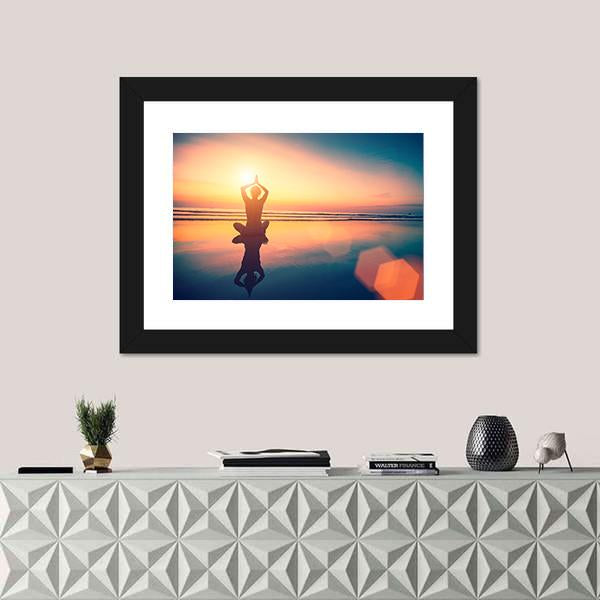 Yoga Woman Sitting In Lotus Pose On The Beach Canvas Wall Art-1 Piece-Framed Print-20" x 16"-Tiaracle