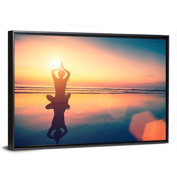 Yoga Woman Sitting In Lotus Pose On The Beach Canvas Wall Art-3 Horizontal-Gallery Wrap-25" x 16"-Tiaracle