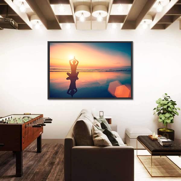 Yoga Woman Sitting In Lotus Pose On The Beach Canvas Wall Art-3 Horizontal-Gallery Wrap-25" x 16"-Tiaracle