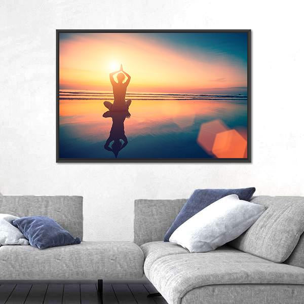 Yoga Woman Sitting In Lotus Pose On The Beach Canvas Wall Art-3 Horizontal-Gallery Wrap-25" x 16"-Tiaracle