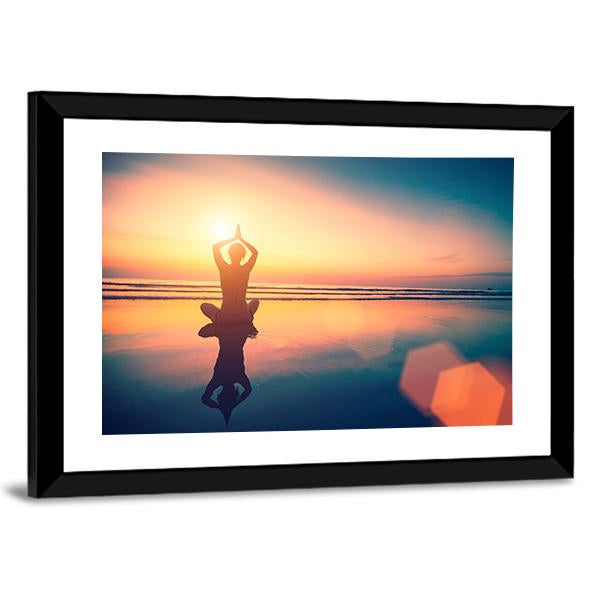 Yoga Woman Sitting In Lotus Pose On The Beach Canvas Wall Art-3 Horizontal-Gallery Wrap-25" x 16"-Tiaracle