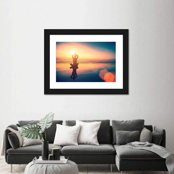 Yoga Woman Sitting In Lotus Pose On The Beach Canvas Wall Art-3 Horizontal-Gallery Wrap-25" x 16"-Tiaracle