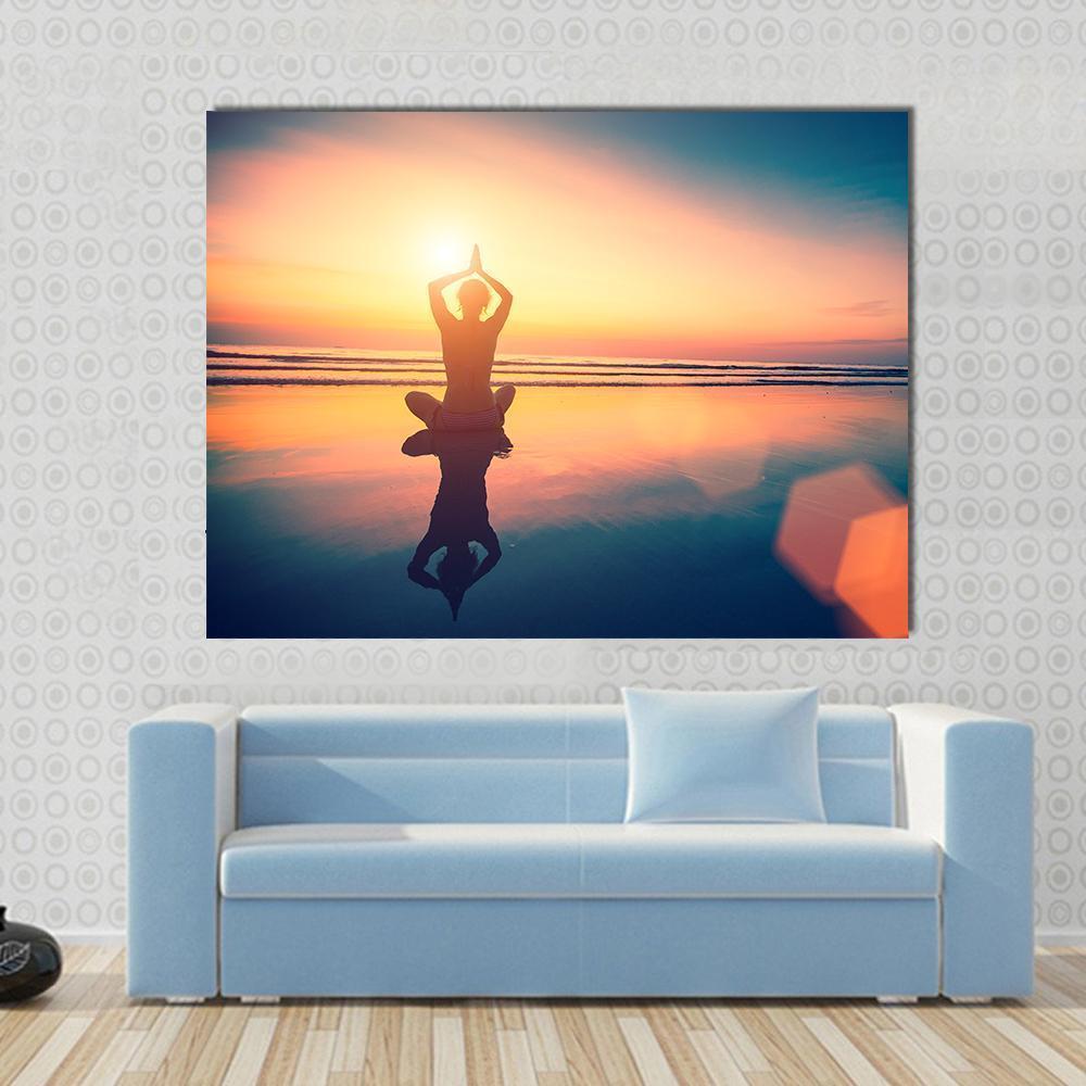 Yoga Woman Sitting In Lotus Pose On The Beach Canvas Wall Art-1 Piece-Gallery Wrap-48" x 32"-Tiaracle