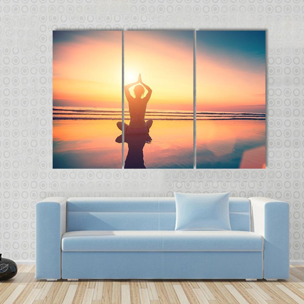 Yoga Woman Sitting In Lotus Pose On The Beach Canvas Wall Art-3 Horizontal-Gallery Wrap-37" x 24"-Tiaracle