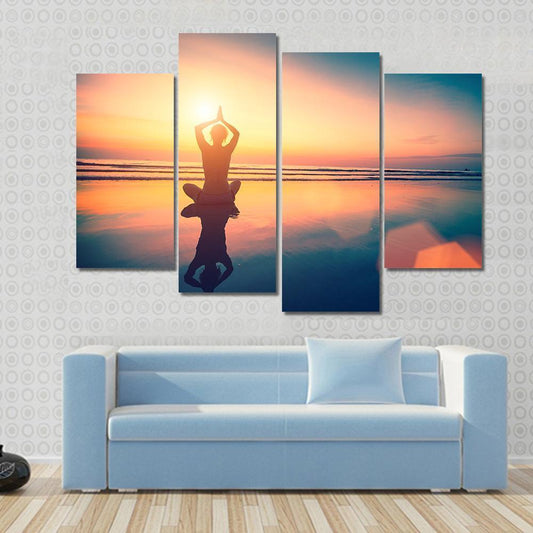 Yoga Woman Sitting In Lotus Pose On The Beach Canvas Wall Art-4 Pop-Gallery Wrap-50" x 32"-Tiaracle