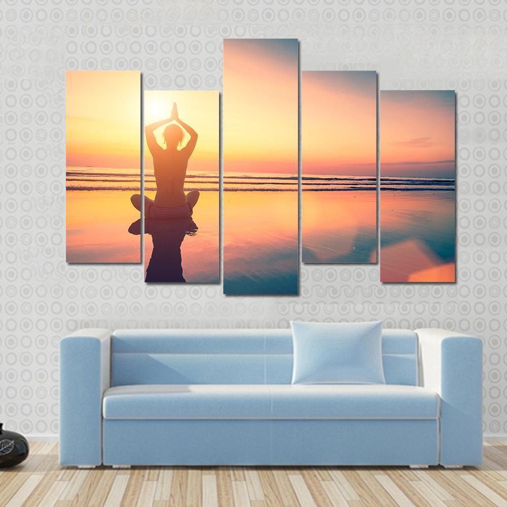 Yoga Woman Sitting In Lotus Pose On The Beach Canvas Wall Art-5 Pop-Gallery Wrap-47" x 32"-Tiaracle