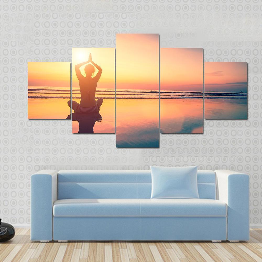 Yoga Woman Sitting In Lotus Pose On The Beach Canvas Wall Art-5 Star-Gallery Wrap-62" x 32"-Tiaracle