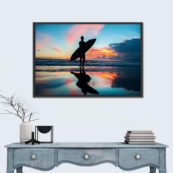 Young Surfer With Board On The Beach Canvas Wall Art-1 Piece-Floating Frame-24" x 16"-Tiaracle