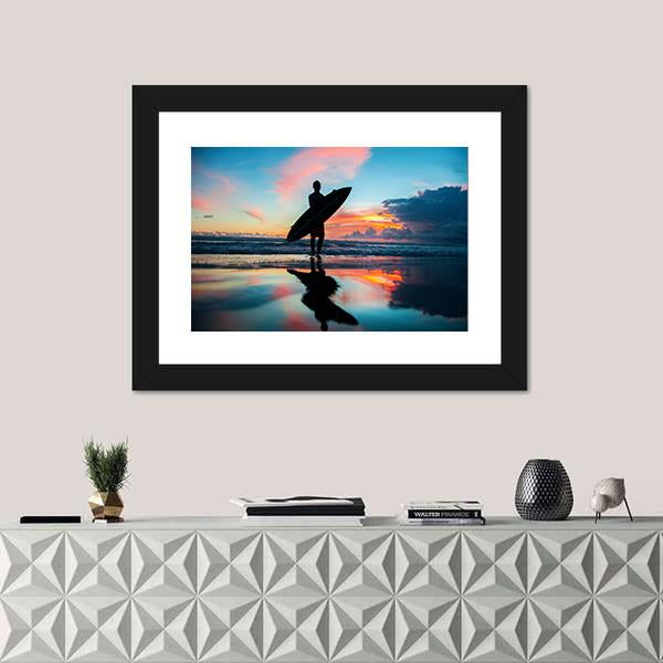 Young Surfer With Board On The Beach Canvas Wall Art-1 Piece-Framed Print-20" x 16"-Tiaracle