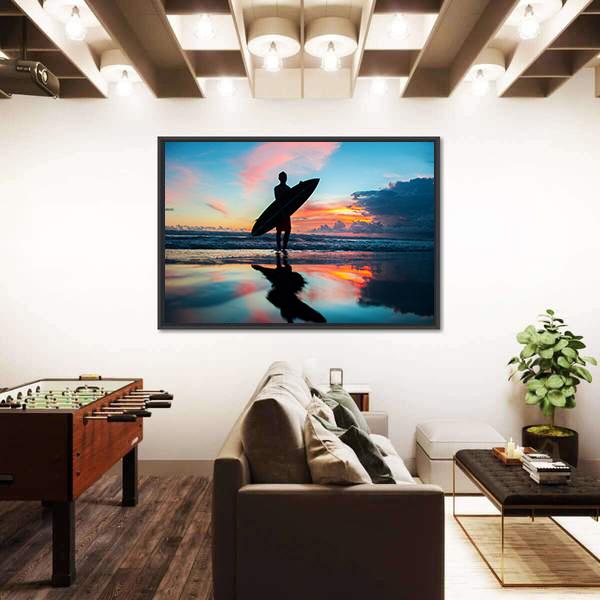 Young Surfer With Board On The Beach Canvas Wall Art-3 Horizontal-Gallery Wrap-25" x 16"-Tiaracle