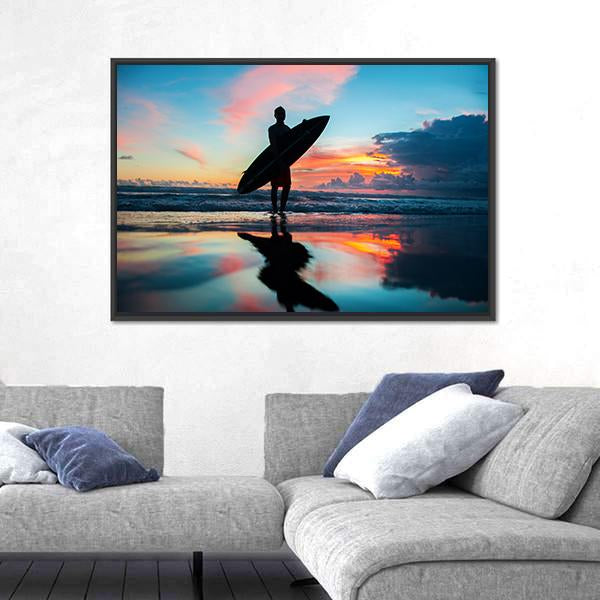 Young Surfer With Board On The Beach Canvas Wall Art-3 Horizontal-Gallery Wrap-25" x 16"-Tiaracle