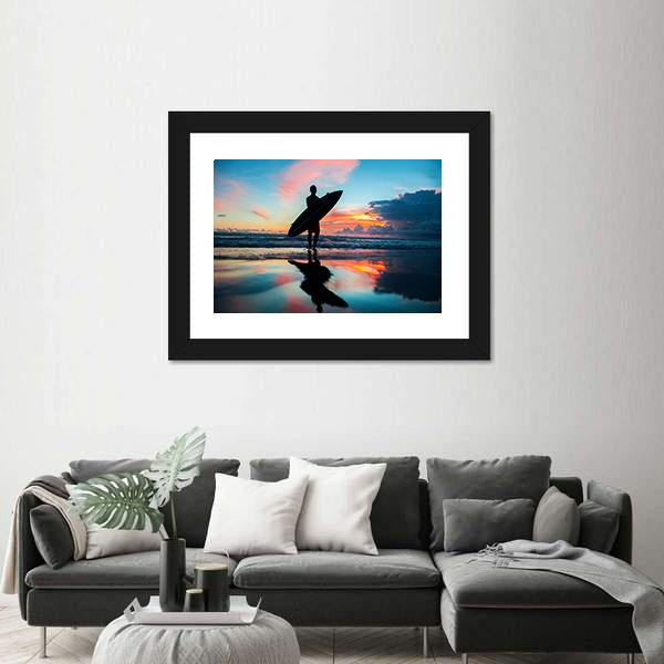 Young Surfer With Board On The Beach Canvas Wall Art-3 Horizontal-Gallery Wrap-25" x 16"-Tiaracle