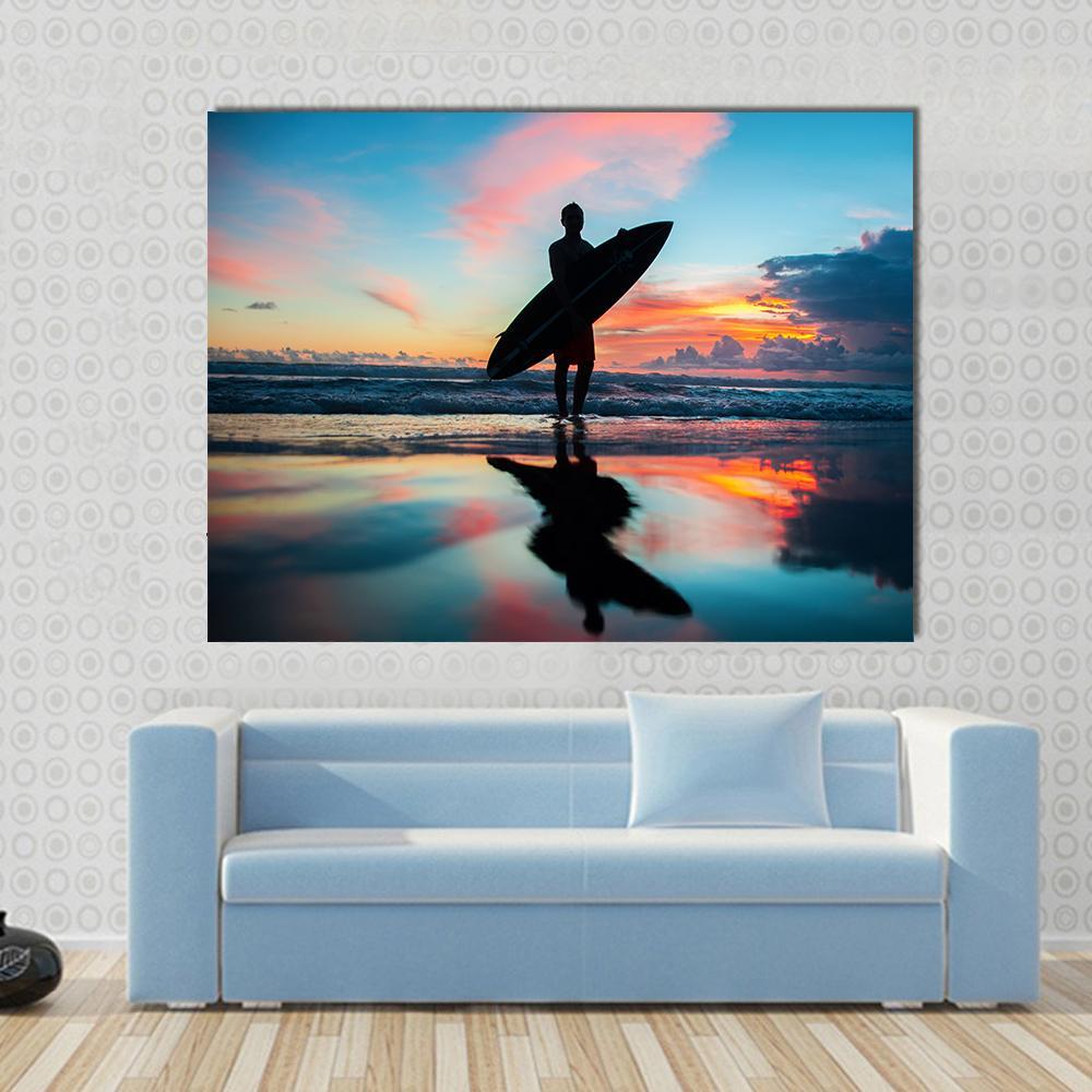 Young Surfer With Board On The Beach Canvas Wall Art-1 Piece-Gallery Wrap-48" x 32"-Tiaracle