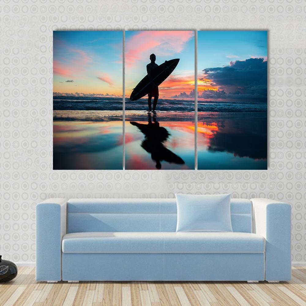 Young Surfer With Board On The Beach Canvas Wall Art-3 Horizontal-Gallery Wrap-37" x 24"-Tiaracle