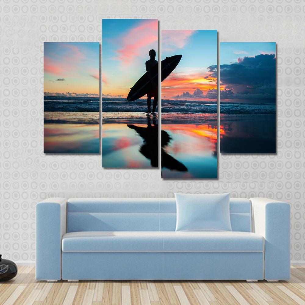 Young Surfer With Board On The Beach Canvas Wall Art-4 Pop-Gallery Wrap-50" x 32"-Tiaracle