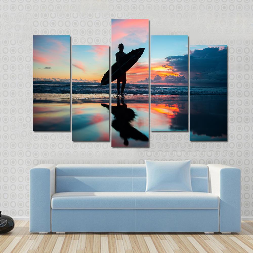 Young Surfer With Board On The Beach Canvas Wall Art-5 Pop-Gallery Wrap-47" x 32"-Tiaracle