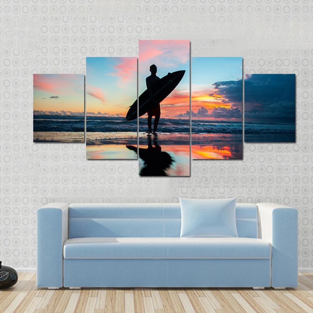 Young Surfer With Board On The Beach Canvas Wall Art-5 Star-Gallery Wrap-62" x 32"-Tiaracle